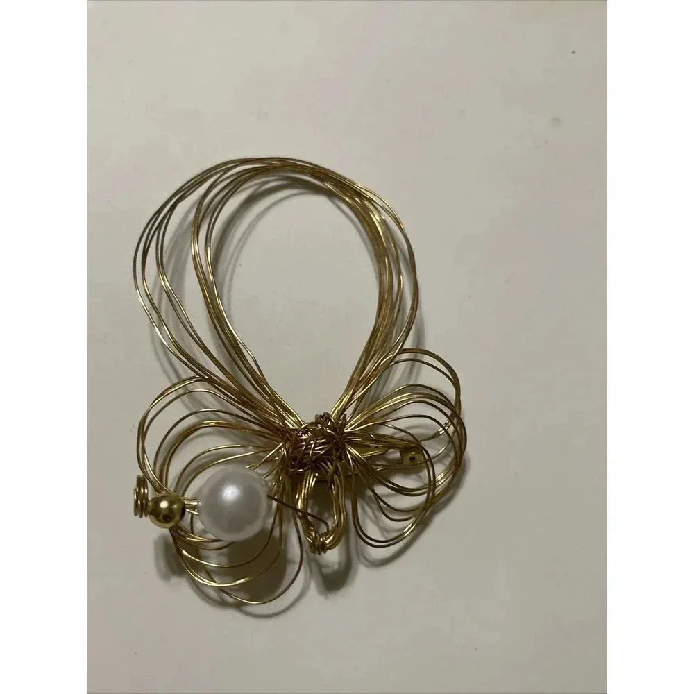 Wire, Faux Pearl, Bead Winged Angel Pin Brooch Hand Made Gold Tone Vintage 3.5"T